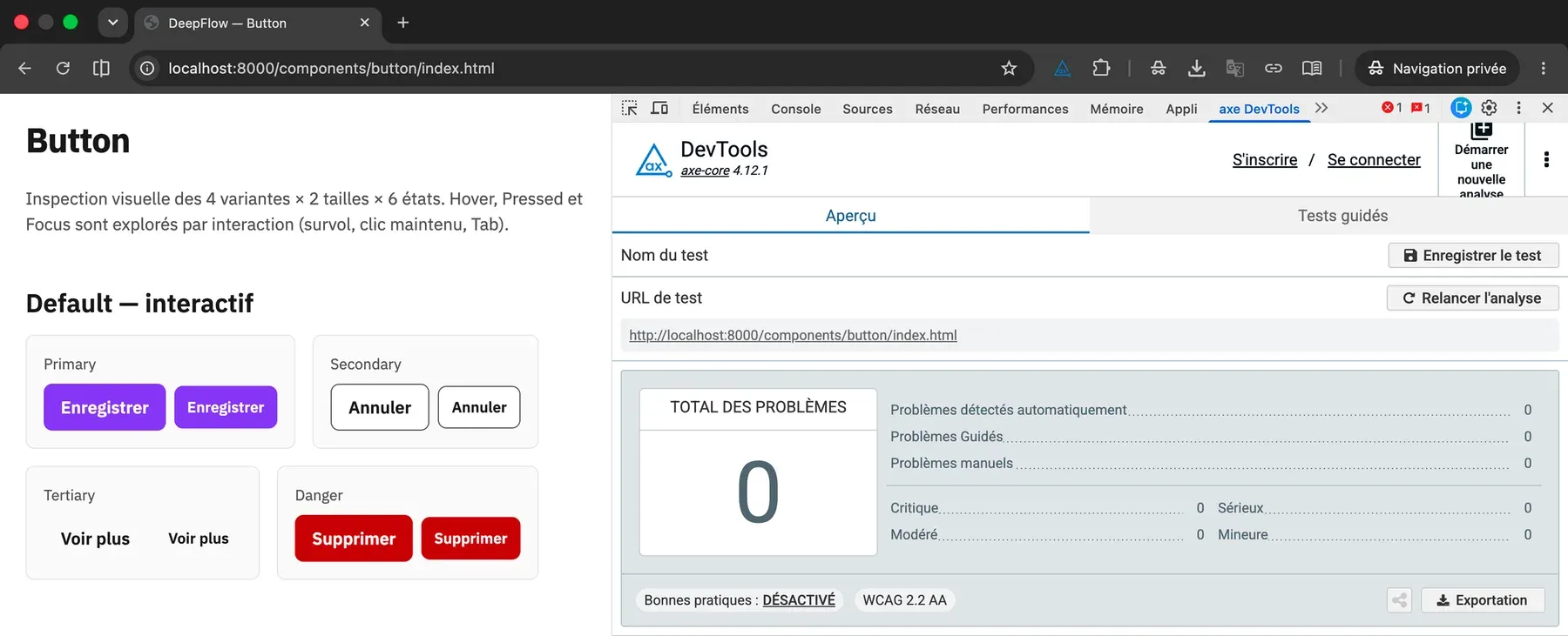 Fenêtre de navigation privée. À gauche, la page d'inspection du Button telle qu'elle est rendue ; à droite, le panneau axe DevTools ouvert sur la même adresse. Le compteur « Total des problèmes » affiche 0, et le détail le confirme ligne par ligne : zéro problème détecté automatiquement, zéro guidé, zéro manuel, zéro en critique, sérieux, modéré et mineur. En pied de panneau, les deux réglages de l'analyse : bonnes pratiques désactivées, norme WCAG 2.2 AA.