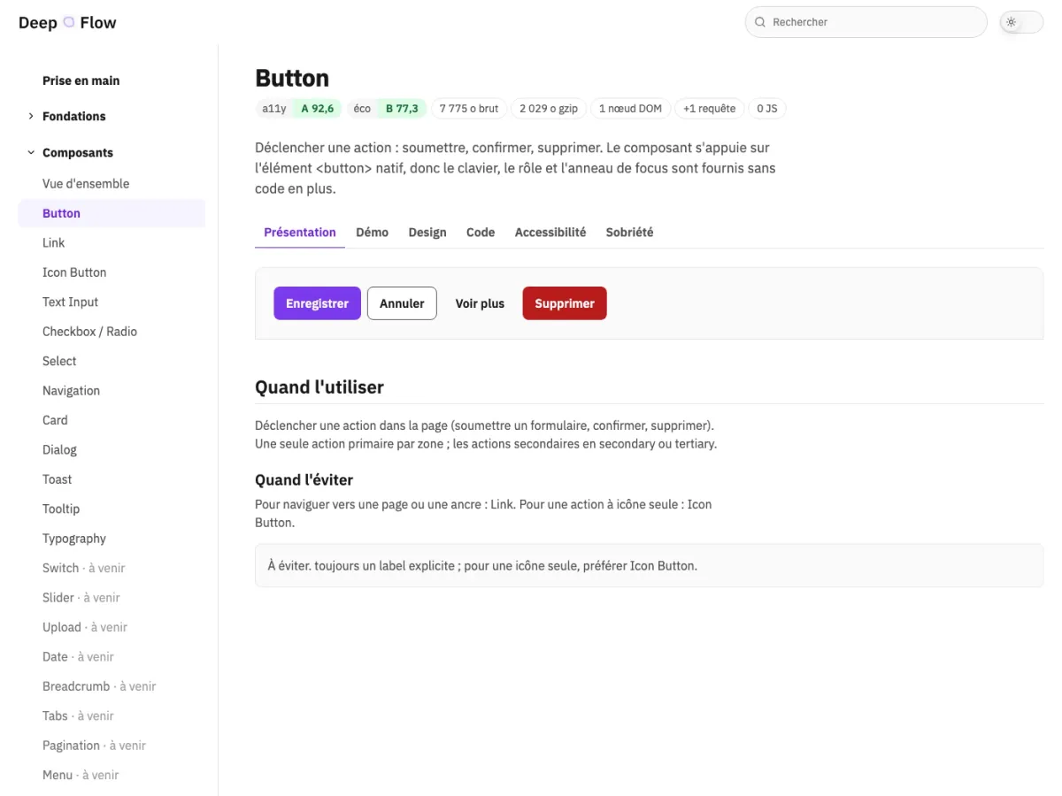 Fiche du composant Button sur le site de documentation : à quoi il sert, quand l'employer, ses variantes rendues en direct, sa signature d'accessibilité et le piège à éviter. Le menu latéral donne l'ensemble des fondations et des composants.