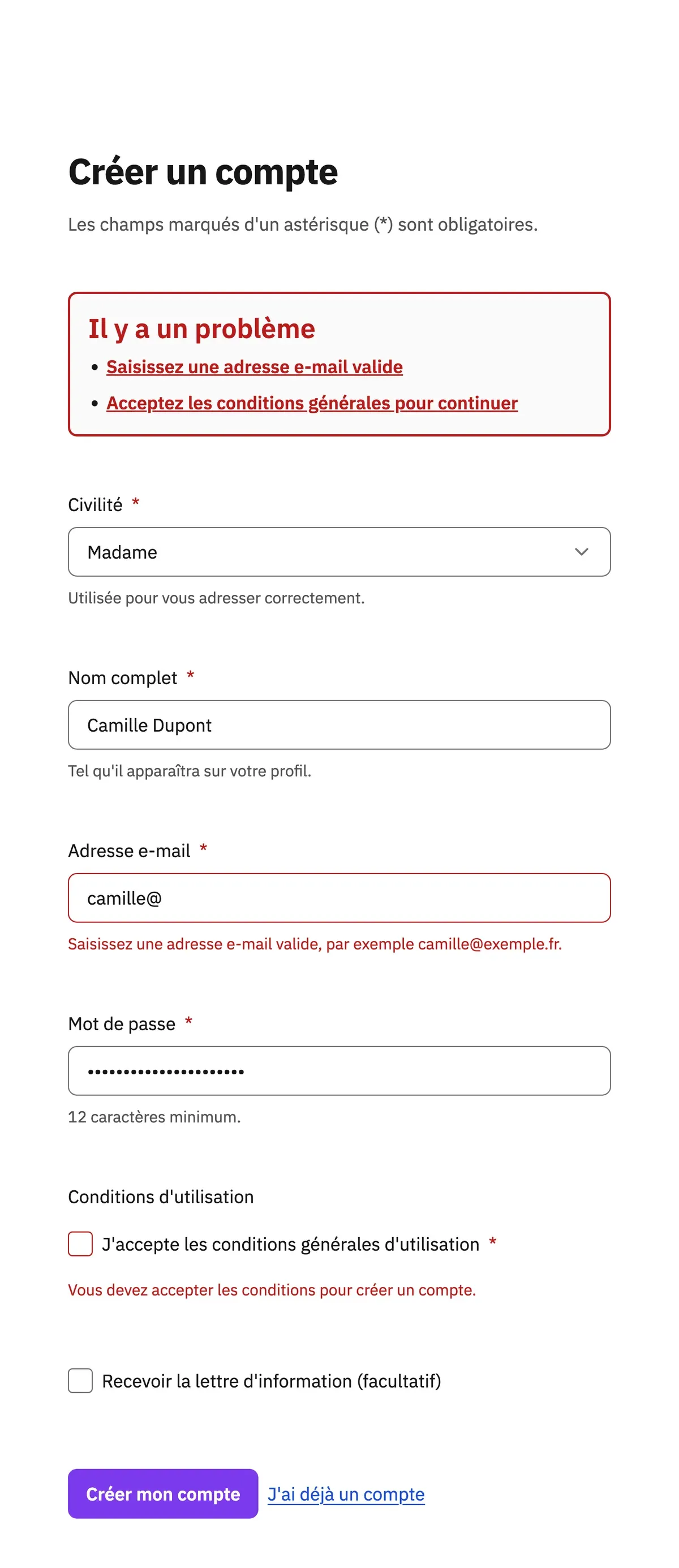Formulaire « Créer un compte » en état d'erreur, version DeepFlow. Un encadré rouge « Il y a un problème » ouvre la page et liste deux erreurs en liens. Suivent les champs : civilité, nom complet, adresse e-mail — encadrée en rouge, avec son message sous le champ —, mot de passe, puis les cases à cocher des conditions et de la lettre d'information, et le bouton violet « Créer mon compte ».