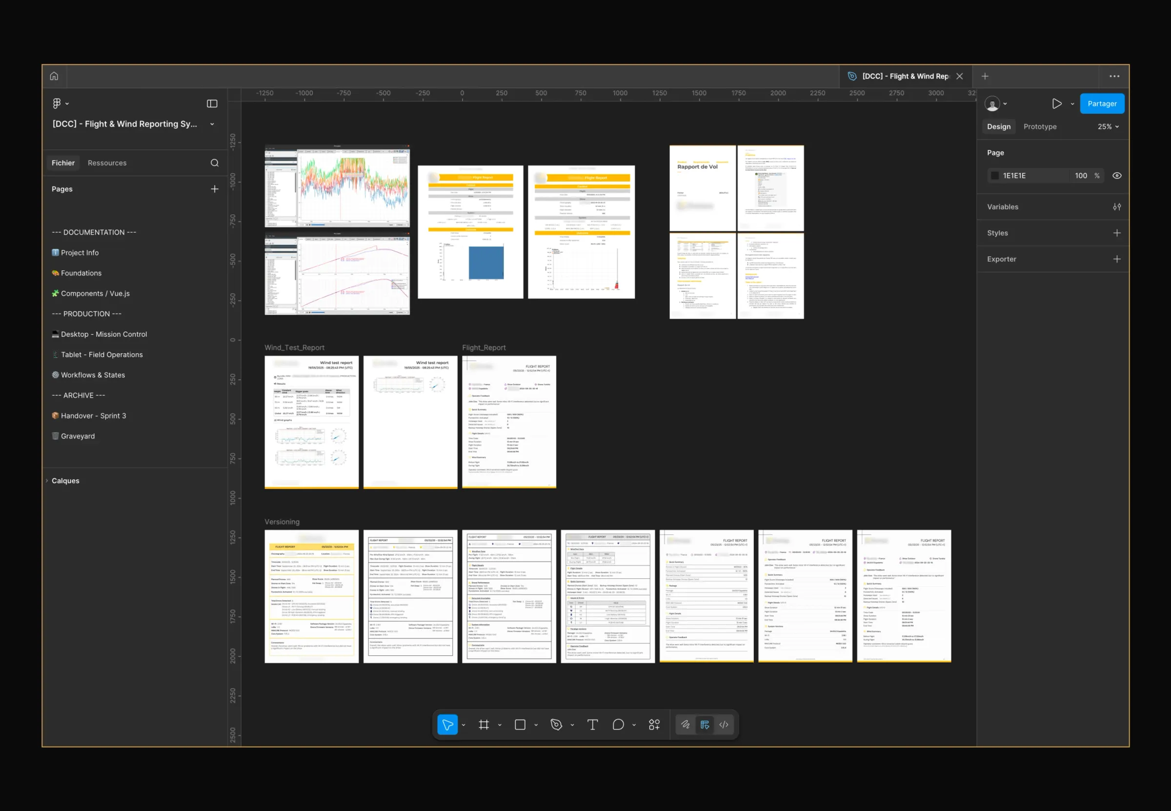 Capture du fichier de travail Figma de l'étude. À gauche, le panneau des pages : Project Info, Foundations, Components Vue.js, puis les pages de production — Desktop Mission Control, Tablet Field Operations, Workflows et états — et enfin l'archive du handover de sprint 3. Au centre, le plan de travail rassemble les captures de l'ancien rapport, la PRD, les rapports de test de vent, et en bas une rangée intitulée Versioning où s'alignent les sept versions successives du rapport de vol.