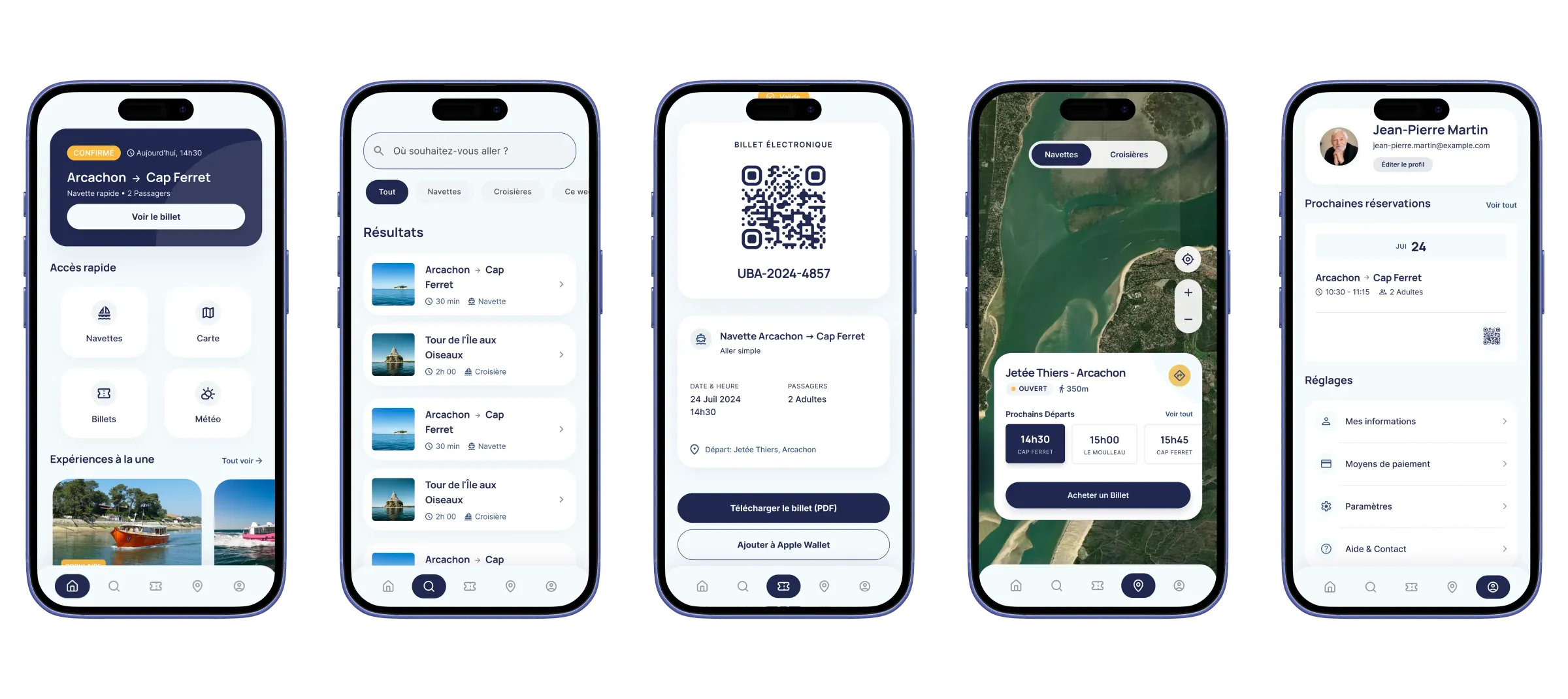 Planche de cinq maquettes haute fidélité sur iPhone présentant les écrans qui matérialisent la barre d'onglets iOS de l'application UBA : Accueil avec accès rapide aux excursions du jour et carrousel d'expériences à la une, Recherche avec résultats filtrés par type d'excursion (croisière, événement), Billet avec QR code centré, numéro de réservation et lien Apple Wallet, Carte interactive du Bassin avec les points d'embarquement (Jetée Thiers Arcachon) et sélecteur de date, Compte avec les prochaines réservations et l'accès aux paramètres.