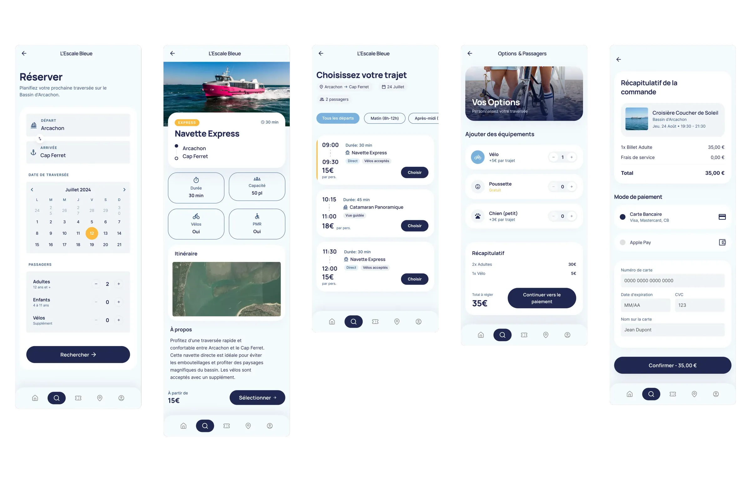 Planche de cinq maquettes haute fidélité sur iPhone présentant le tunnel de réservation UBA : écran Réserver avec sélecteur de trajet, calendrier juillet 2024 et choix du nombre de passagers (adultes, enfants, bébés) ; fiche excursion Navette Express vers Cap Ferret avec carte du trajet, durée et tarif ; choix du créneau avec horaires successifs (9 h, 11 h, 13 h…) à 15 € ; écran Options et passagers permettant d'ajouter des équipements (vélo) avec récapitulatif courant à 35 € ; écran Récapitulatif de la commande avec mode de paiement (carte bancaire, Apple Pay) pour un total de 35,00 €.