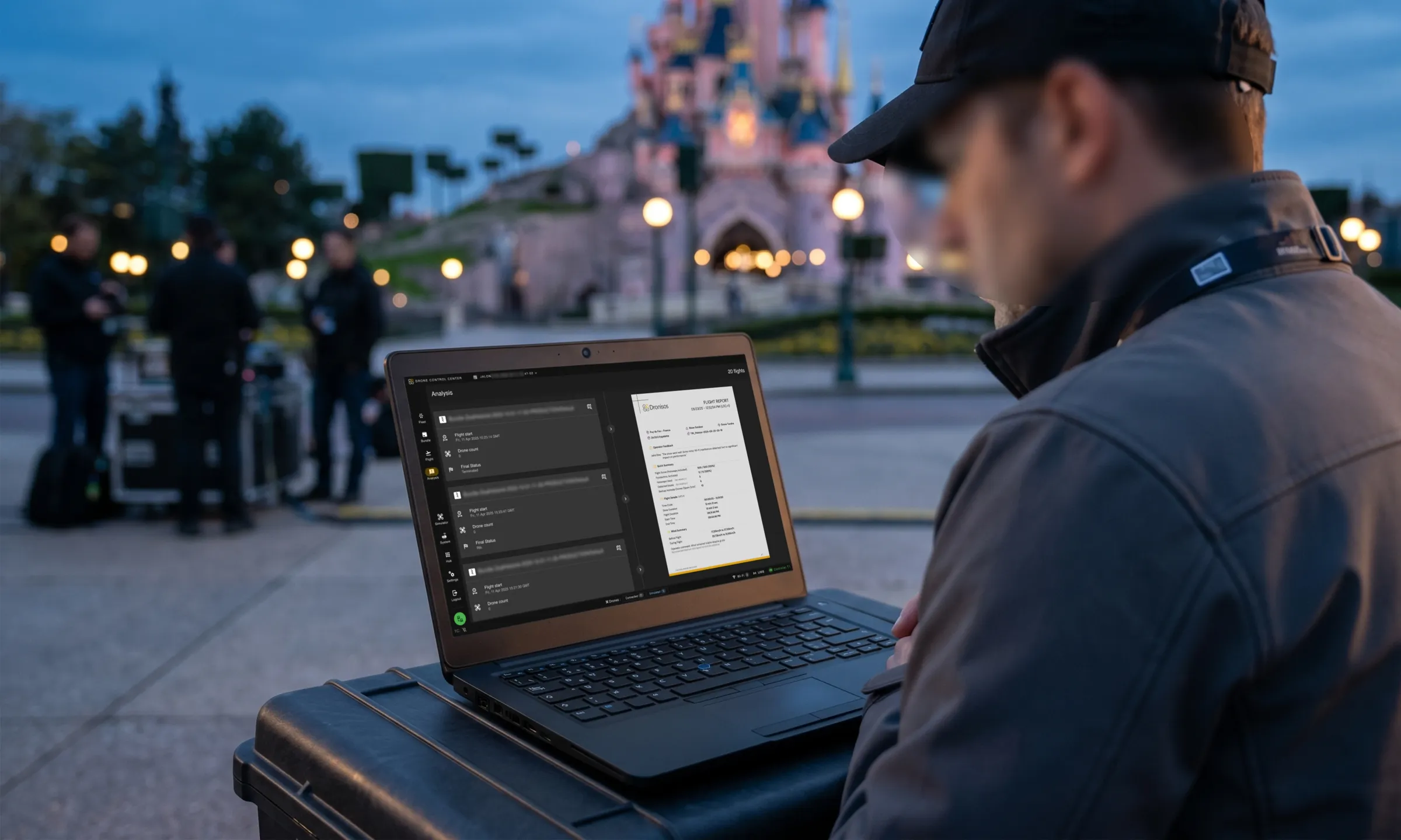Un opérateur consulte la page d'analyse sur un ordinateur portable posé sur une caisse de transport, au crépuscule, devant le château illuminé d'un parc d'attractions. Le rapport de vol est ouvert dans le panneau de droite de l'écran.