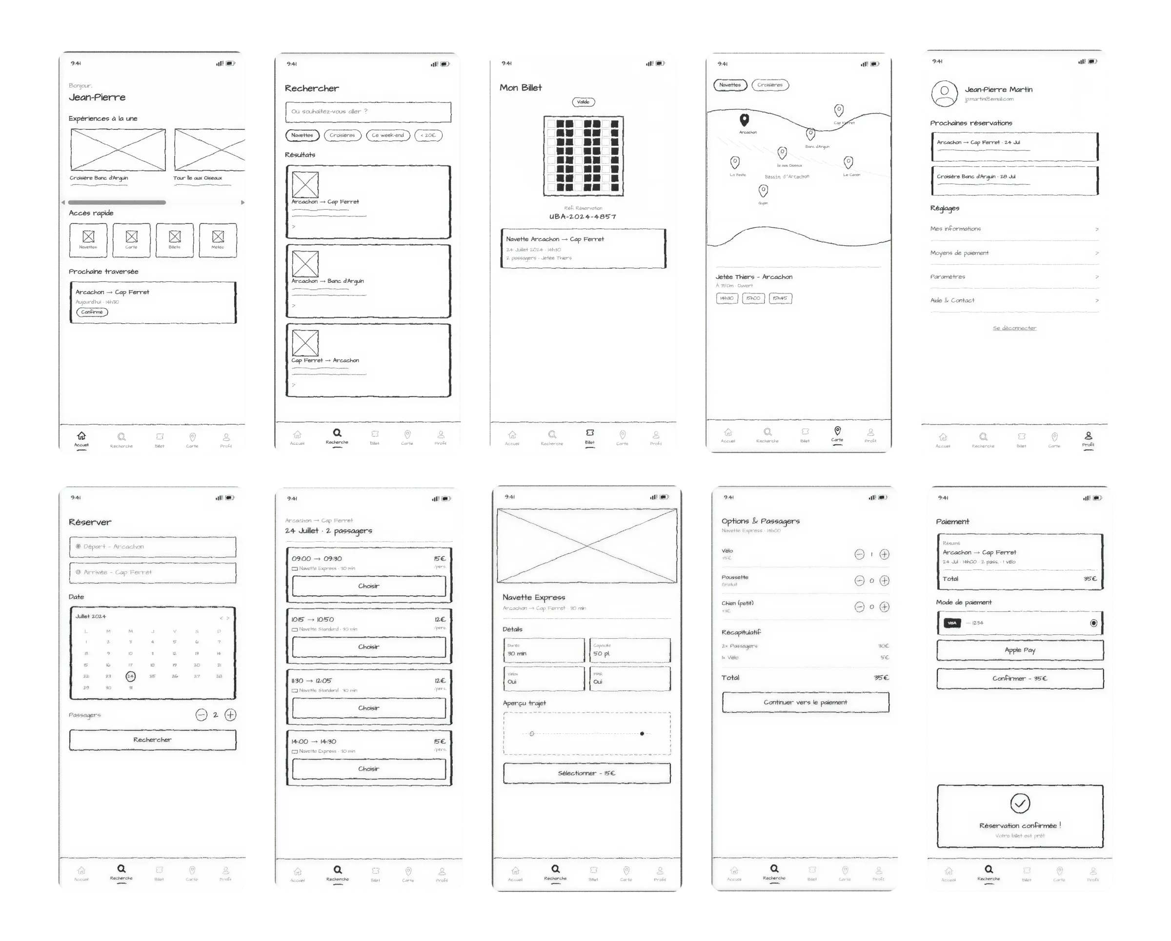 Planche de dix wireframes basse fidélité couvrant le périmètre complet de l'application UBA, organisés en deux rangées. Première rangée : accueil personnalisé avec carrousel d'expériences à la une et accès rapide aux fonctionnalités, recherche d'excursion avec filtres de typologie et liste de résultats, écran Mon Billet matérialisant l'emplacement du QR code, carte du Bassin avec points d'embarquement et sélecteur de date, écran Compte avec paramètres et préférences. Deuxième rangée : tunnel de réservation déroulé étape par étape — sélecteur de trajet et calendrier, saisie des passagers, choix du créneau horaire avec tarifs, options et équipements (vélo), paiement multi-moyens et confirmation finale.